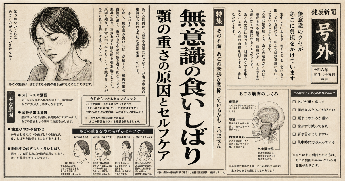 無意識の食いしばりで顎が重い？原因と自宅でできる対処法・受診の目安